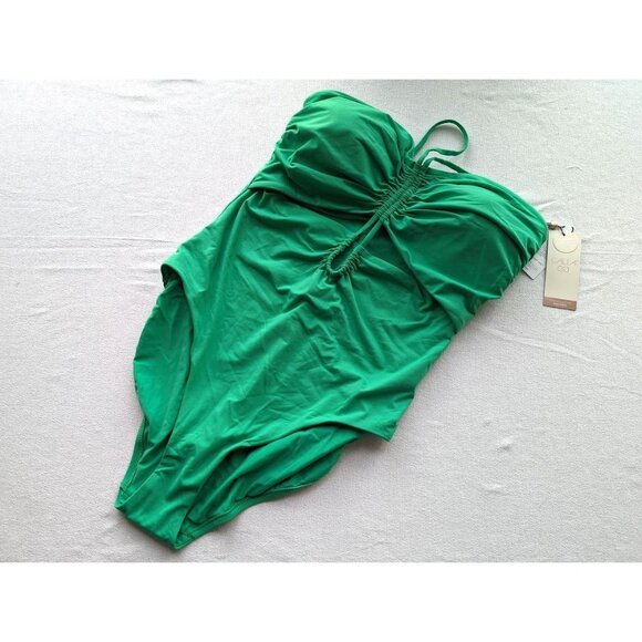 Women's CALIA Shirred Cutout One Piece Swimsuit Size 14 Green Glow Beach NEW - Picture 2 of 6